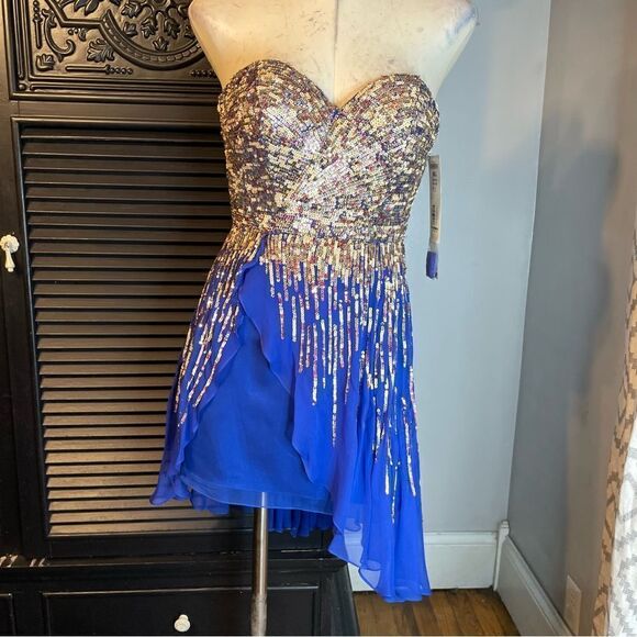 Sherri Hill Style 8443 Sequin Cobalt Royal Blue Short Strapless Prom‎ Dress 0 - Picture 5 of 12